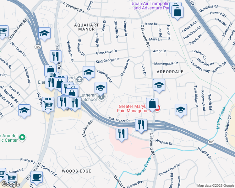 map of restaurants, bars, coffee shops, grocery stores, and more near 306 Woodleaf Court in Glen Burnie