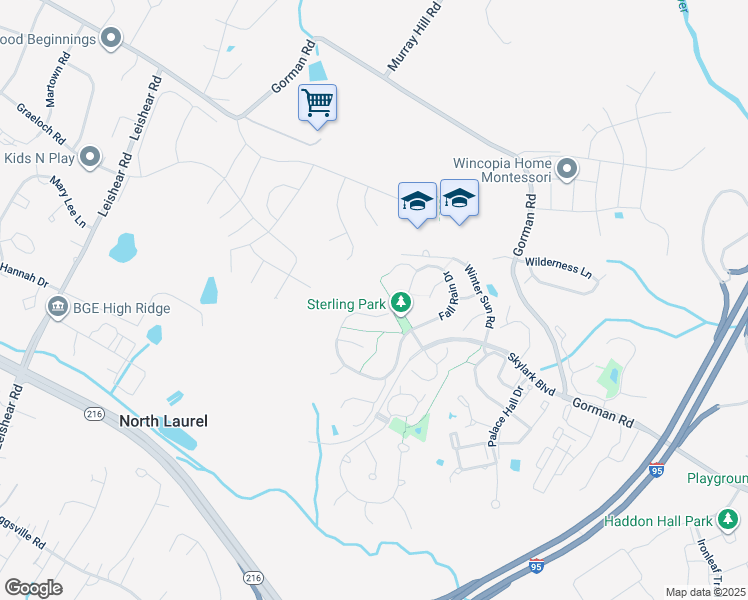 map of restaurants, bars, coffee shops, grocery stores, and more near 10205 Deep Skies Drive in Laurel