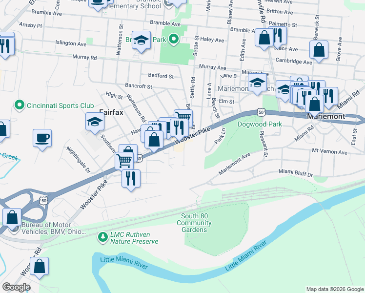 map of restaurants, bars, coffee shops, grocery stores, and more near 6219 Wooster Pike in Cincinnati