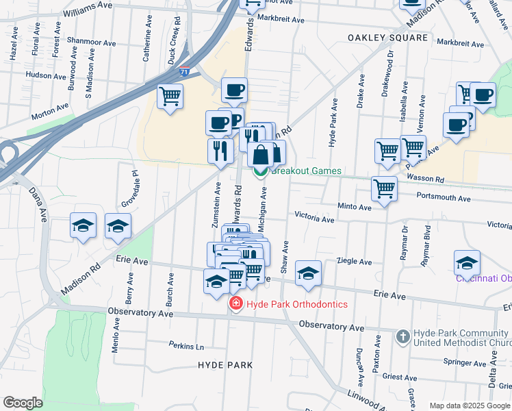 map of restaurants, bars, coffee shops, grocery stores, and more near 2710 Griffiths Avenue in Cincinnati