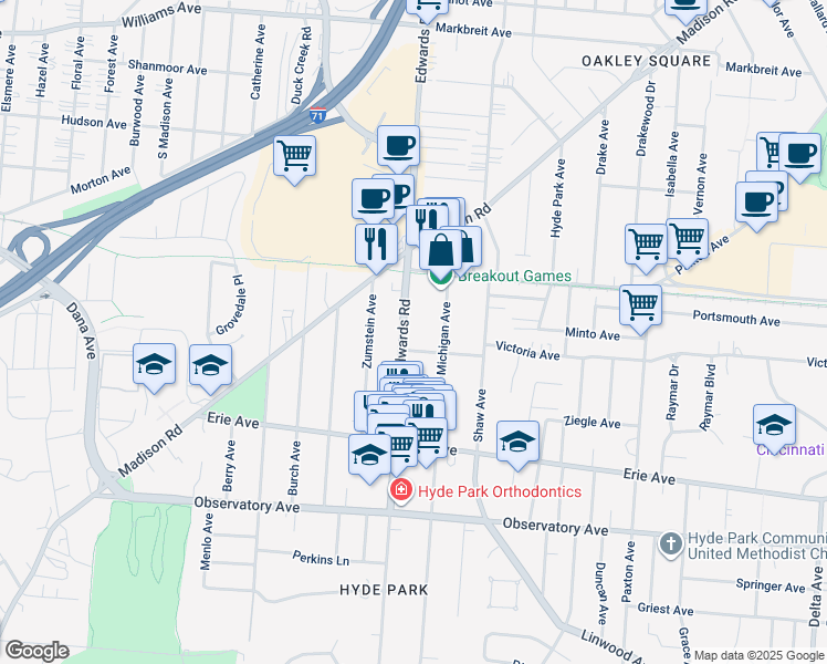 map of restaurants, bars, coffee shops, grocery stores, and more near 2710 Griffiths Avenue in Cincinnati