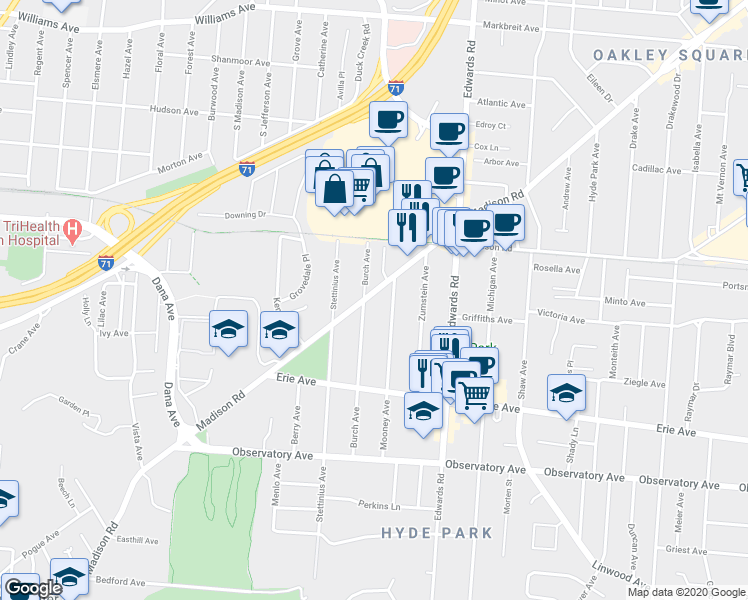 map of restaurants, bars, coffee shops, grocery stores, and more near 3565 Burch Avenue in Cincinnati