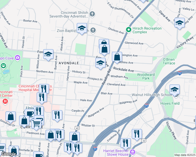 map of restaurants, bars, coffee shops, grocery stores, and more near 616 Maple Avenue in Cincinnati