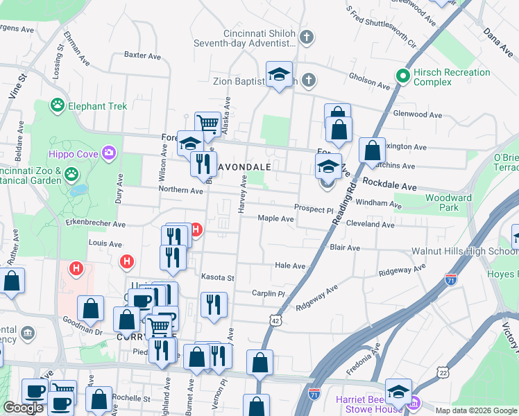 map of restaurants, bars, coffee shops, grocery stores, and more near 3468 Hallwood Place in Cincinnati