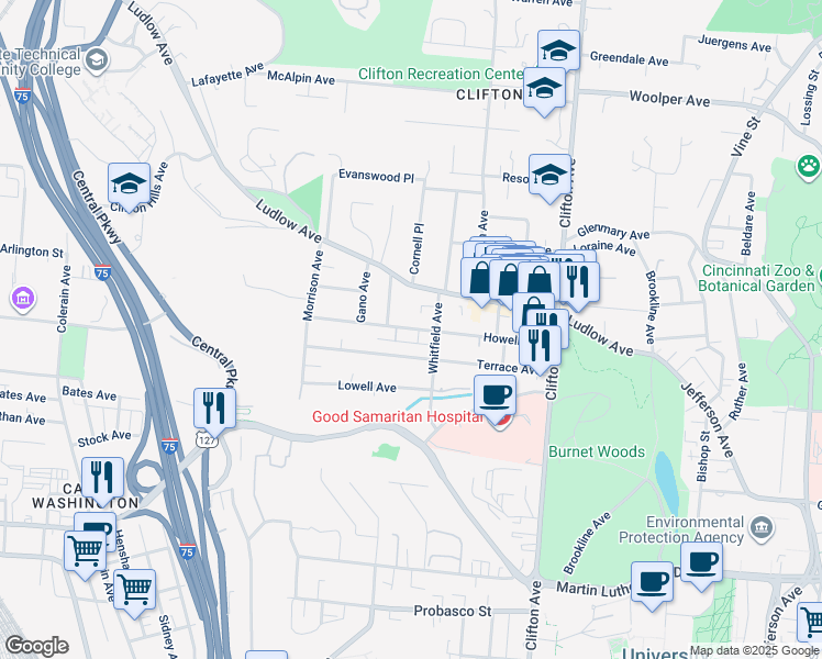 map of restaurants, bars, coffee shops, grocery stores, and more near 520 Terrace Avenue in Cincinnati