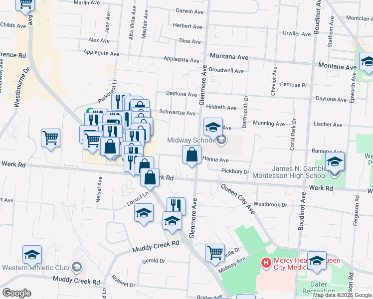 map of restaurants, bars, coffee shops, grocery stores, and more near 3334 Hanna Avenue in Cincinnati