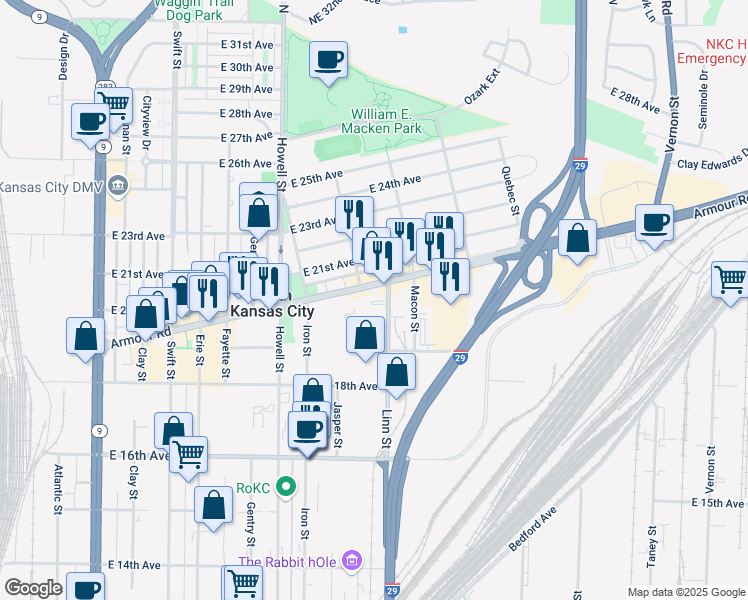 map of restaurants, bars, coffee shops, grocery stores, and more near 1968 Linn St in North Kansas City