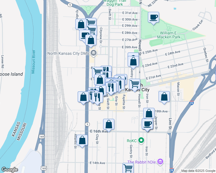 map of restaurants, bars, coffee shops, grocery stores, and more near 216 East 20th Avenue in North Kansas City