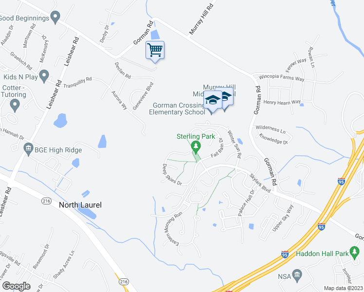 map of restaurants, bars, coffee shops, grocery stores, and more near 10205 Deep Skies Drive in Laurel