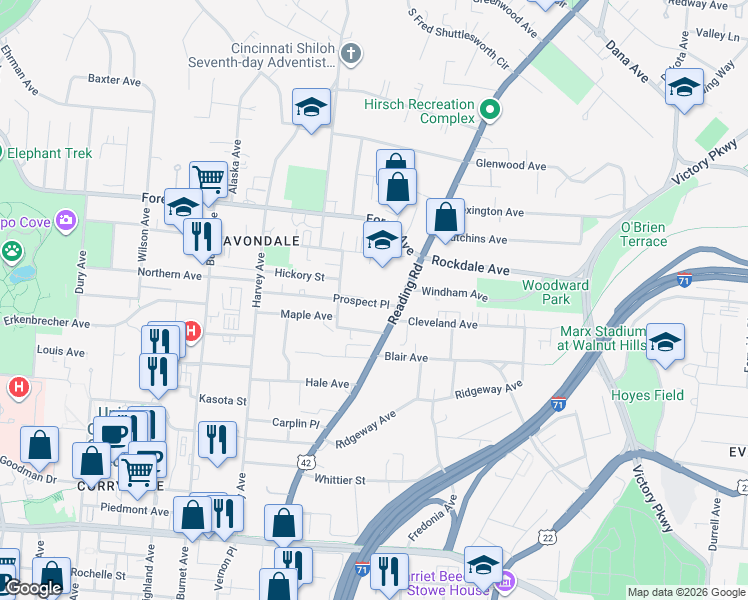 map of restaurants, bars, coffee shops, grocery stores, and more near 636 Prospect Place in Cincinnati