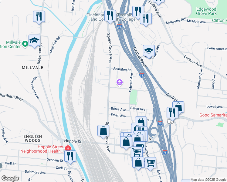 map of restaurants, bars, coffee shops, grocery stores, and more near 3242 Spring Grove Avenue in Cincinnati