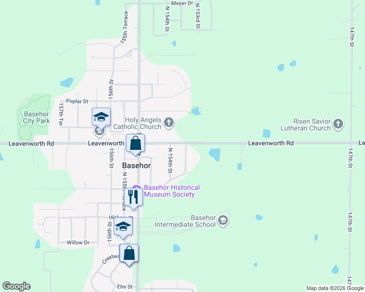 map of restaurants, bars, coffee shops, grocery stores, and more near 3017 North 154th Street in Basehor