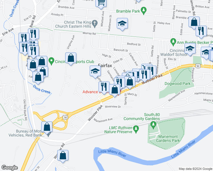 map of restaurants, bars, coffee shops, grocery stores, and more near 3728 Southern Avenue in Cincinnati