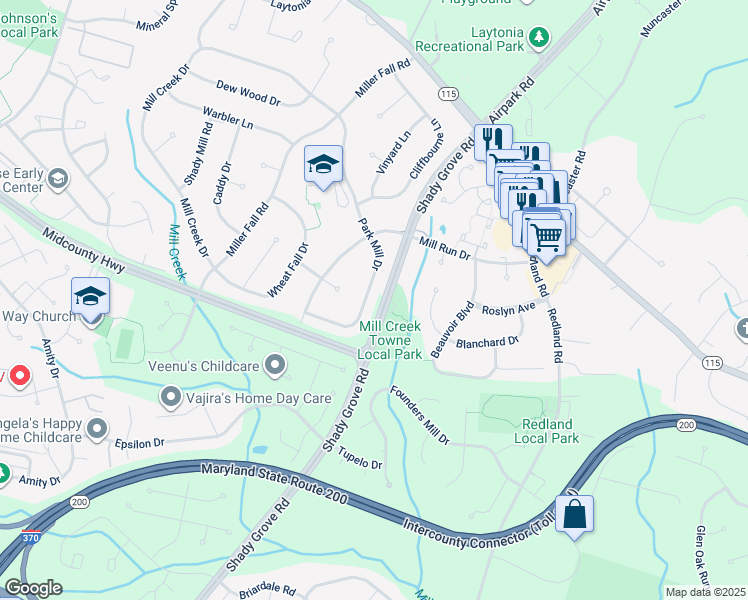 map of restaurants, bars, coffee shops, grocery stores, and more near 17501 Park Mill Drive in Rockville