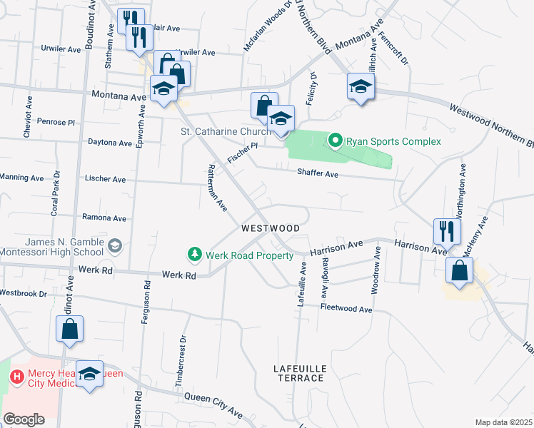 map of restaurants, bars, coffee shops, grocery stores, and more near 2814 Harrison Avenue in Cincinnati
