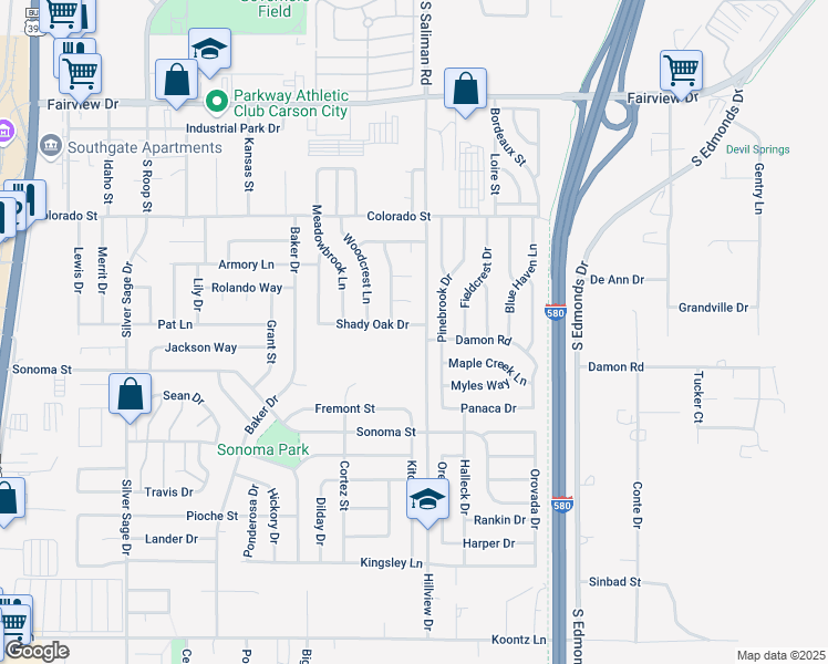 map of restaurants, bars, coffee shops, grocery stores, and more near 1411 Shady Oak Drive in Carson City