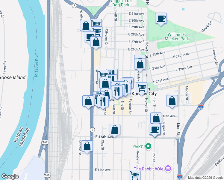 map of restaurants, bars, coffee shops, grocery stores, and more near 2012 Swift Street in North Kansas City
