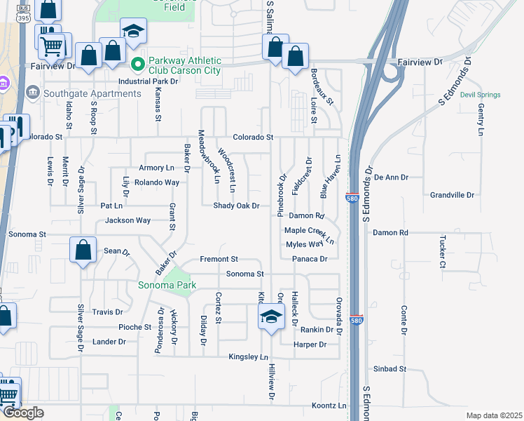 map of restaurants, bars, coffee shops, grocery stores, and more near 1411 Shady Oak Drive in Carson City