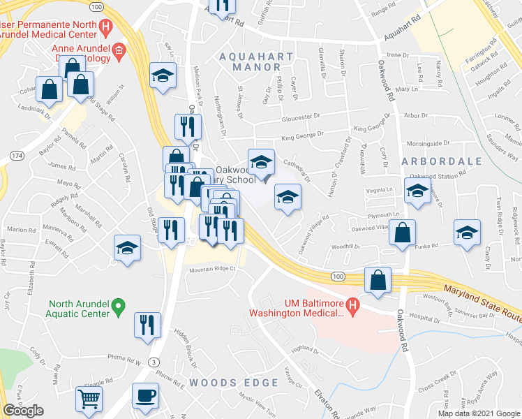 map of restaurants, bars, coffee shops, grocery stores, and more near 320 Oak Manor Drive in Glen Burnie