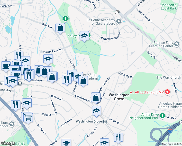 map of restaurants, bars, coffee shops, grocery stores, and more near 36 State Court in Gaithersburg
