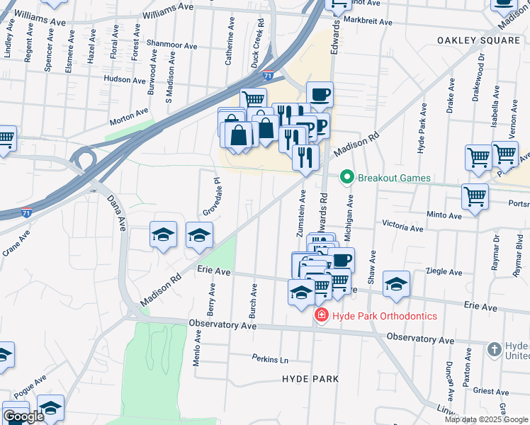 map of restaurants, bars, coffee shops, grocery stores, and more near 3565 Burch Avenue in Cincinnati