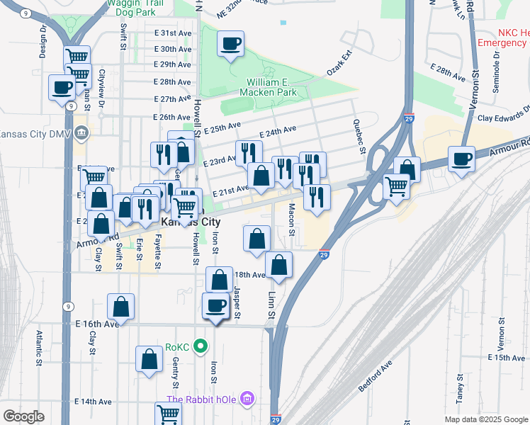 map of restaurants, bars, coffee shops, grocery stores, and more near 1007 Armour Road in North Kansas City