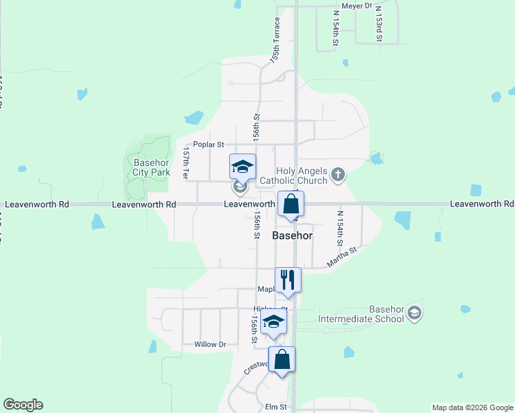 map of restaurants, bars, coffee shops, grocery stores, and more near 3034 156th Street in Basehor