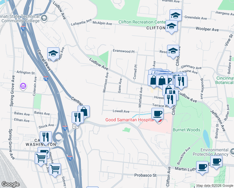 map of restaurants, bars, coffee shops, grocery stores, and more near 573 Howell Avenue in Cincinnati