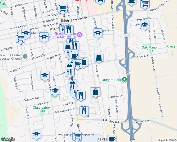 map of restaurants, bars, coffee shops, grocery stores, and more near 755 Village Circle in Ukiah