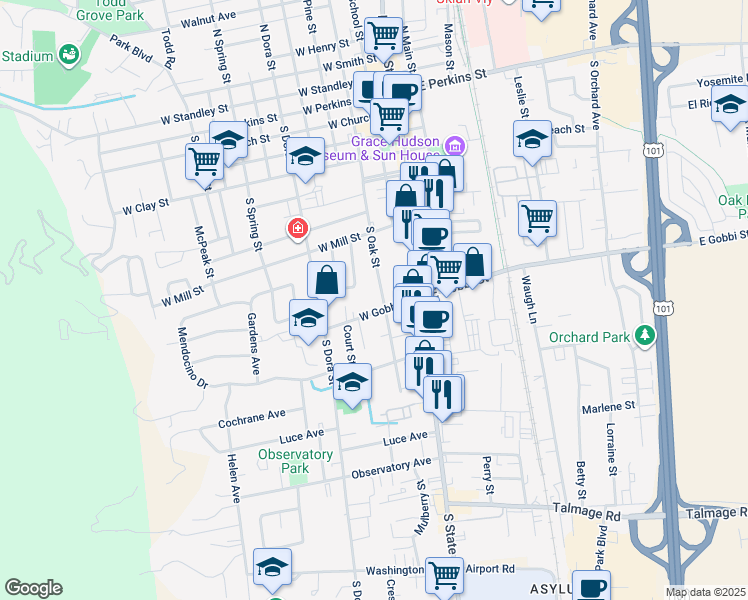 map of restaurants, bars, coffee shops, grocery stores, and more near in Ukiah