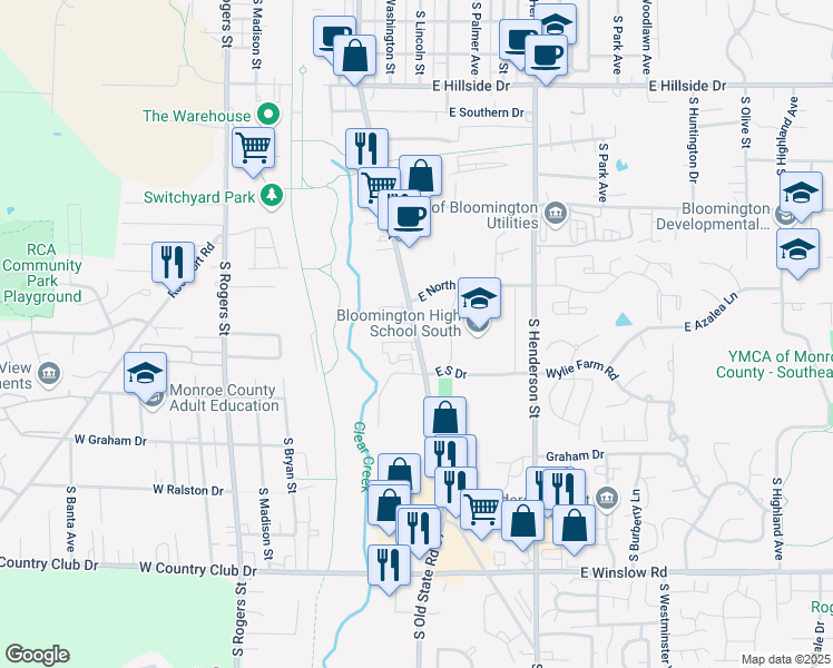 map of restaurants, bars, coffee shops, grocery stores, and more near 2130 South Walnut Street in Bloomington