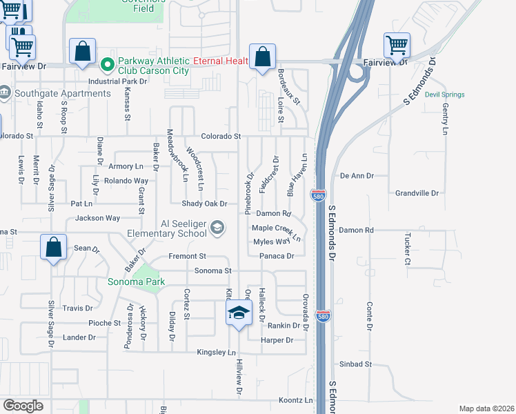 map of restaurants, bars, coffee shops, grocery stores, and more near 2680 Fieldcrest Drive in Carson City