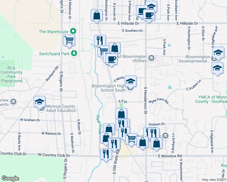 map of restaurants, bars, coffee shops, grocery stores, and more near 1965 South Walnut Street in Bloomington