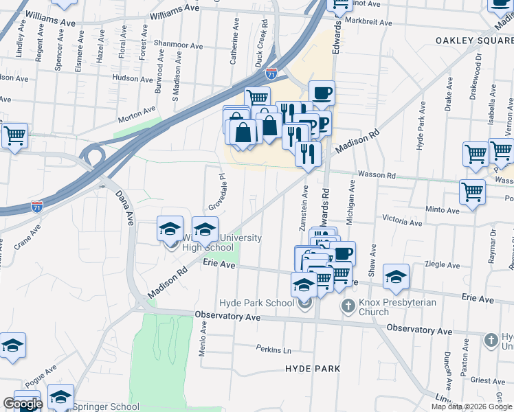 map of restaurants, bars, coffee shops, grocery stores, and more near 3565 Burch Avenue in Cincinnati