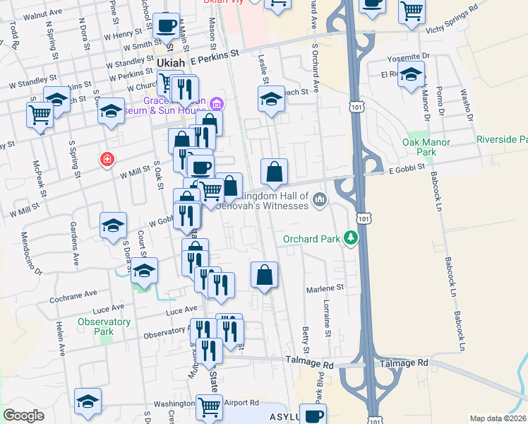 map of restaurants, bars, coffee shops, grocery stores, and more near 135 Waugh Lane in Ukiah