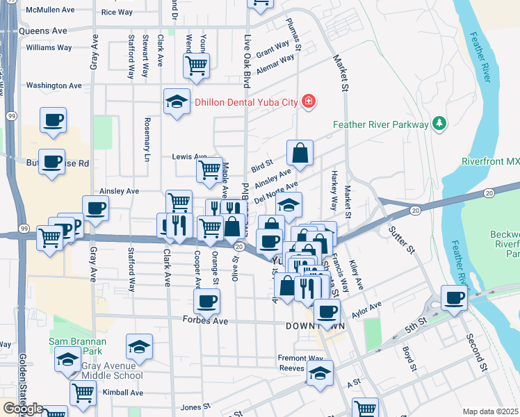 map of restaurants, bars, coffee shops, grocery stores, and more near 938 Chestnut Street in Yuba City