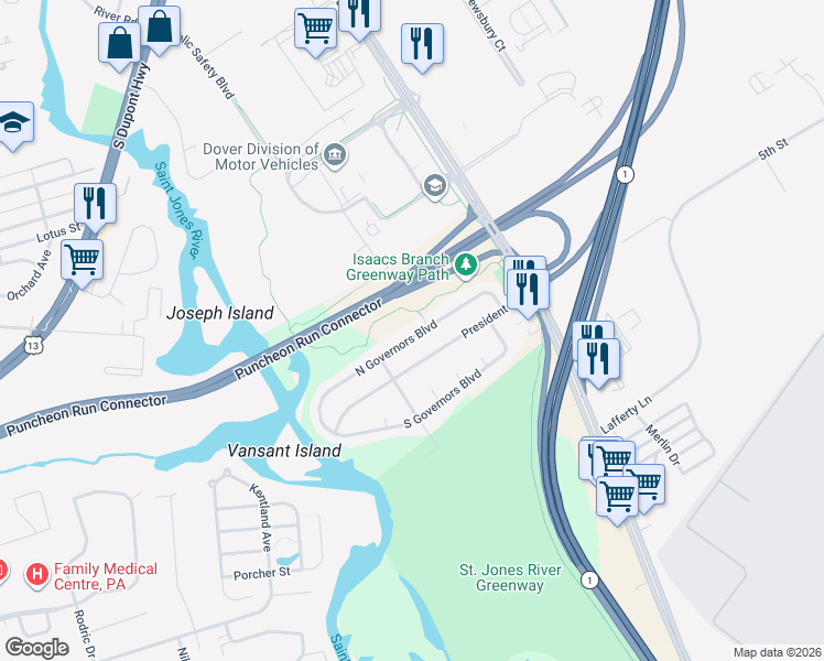 map of restaurants, bars, coffee shops, grocery stores, and more near 176 North Governors Boulevard in Dover