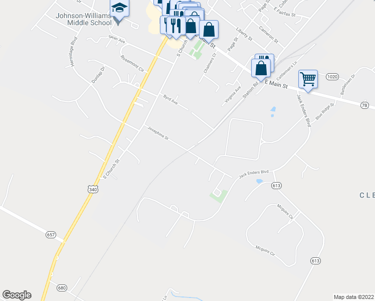 map of restaurants, bars, coffee shops, grocery stores, and more near 165 Josephine Street in Berryville