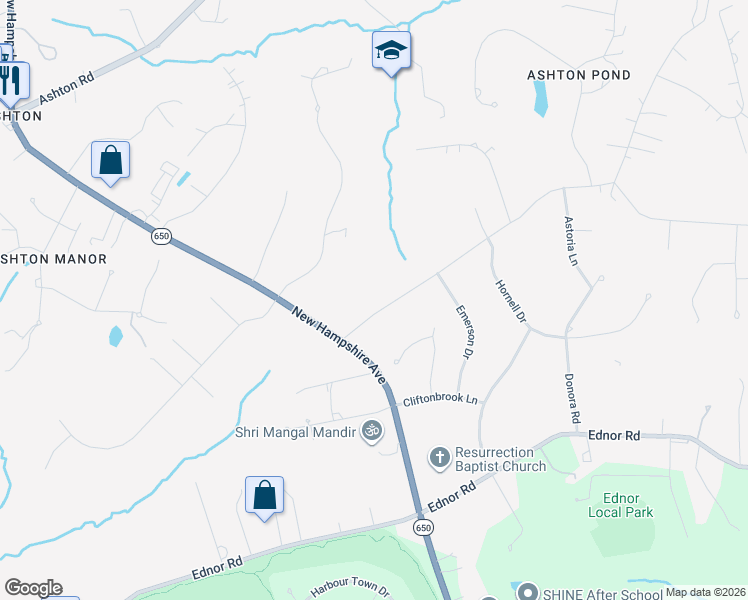 map of restaurants, bars, coffee shops, grocery stores, and more near 900 Tucker Lane in Ashton-Sandy Spring