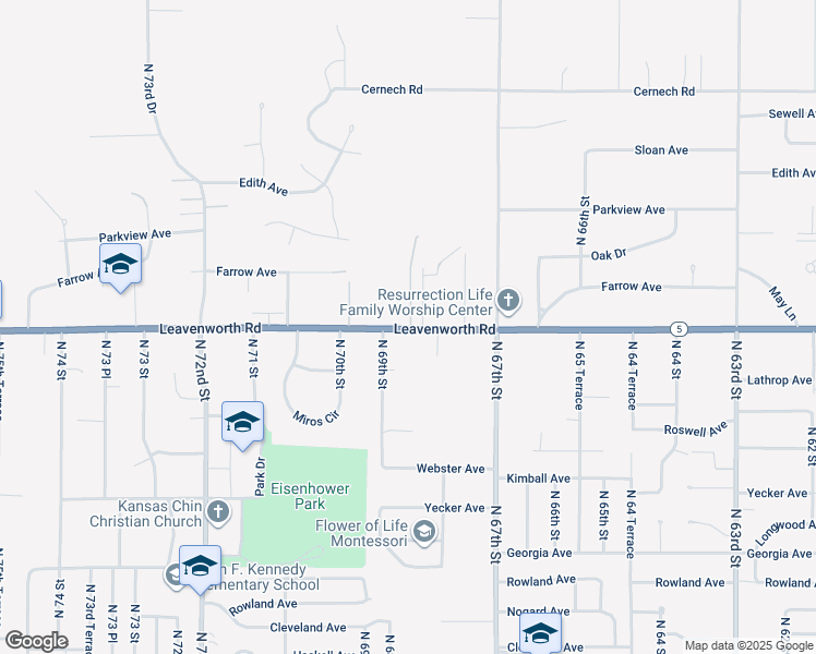 map of restaurants, bars, coffee shops, grocery stores, and more near 3212 North 68th Terrace in Kansas City