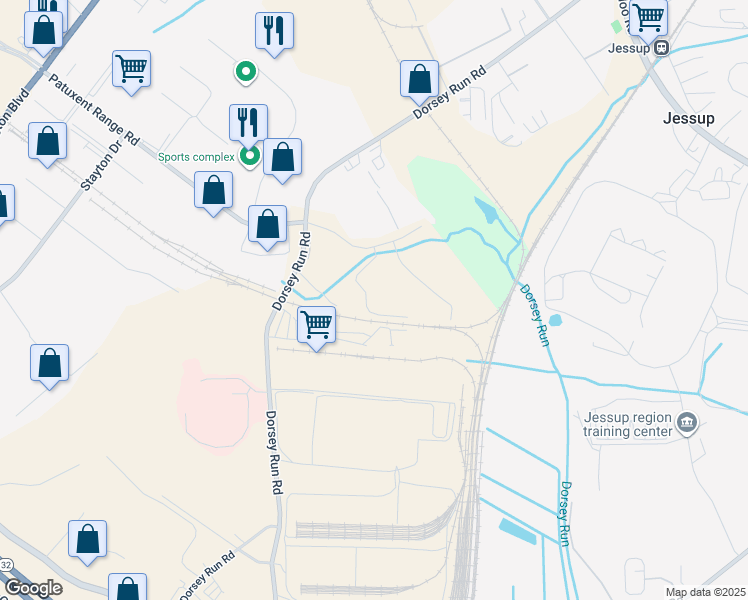 map of restaurants, bars, coffee shops, grocery stores, and more near 8235 Patuxent Range Road in Jessup