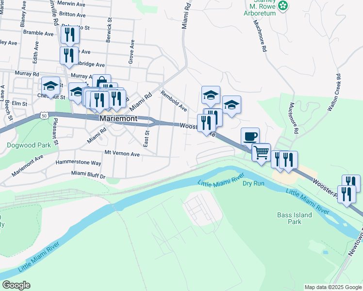 map of restaurants, bars, coffee shops, grocery stores, and more near 7060 Mount Vernon Avenue in Cincinnati