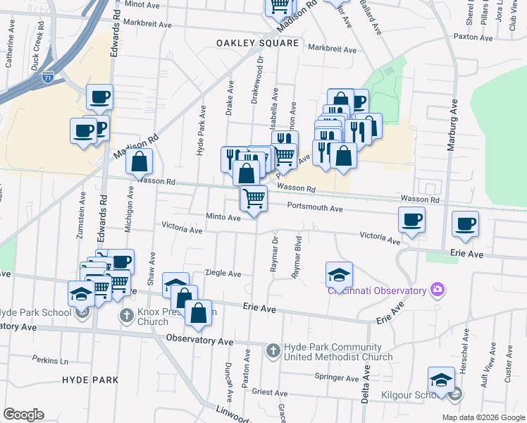 map of restaurants, bars, coffee shops, grocery stores, and more near in Cincinnati