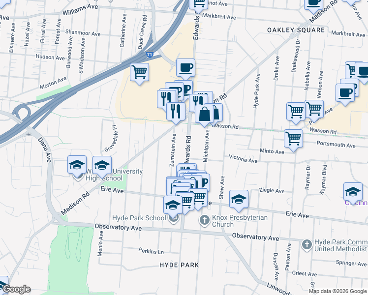 map of restaurants, bars, coffee shops, grocery stores, and more near 3578 Zumstein Avenue in Cincinnati