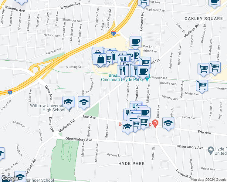 map of restaurants, bars, coffee shops, grocery stores, and more near 3565 Burch Avenue in Cincinnati