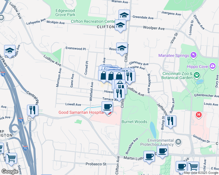 map of restaurants, bars, coffee shops, grocery stores, and more near 359 Howell Avenue in Cincinnati