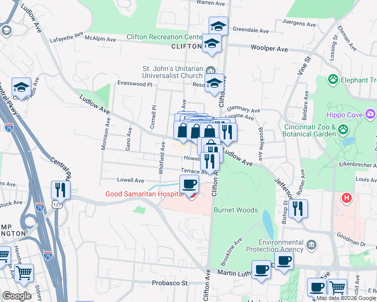 map of restaurants, bars, coffee shops, grocery stores, and more near in Cincinnati