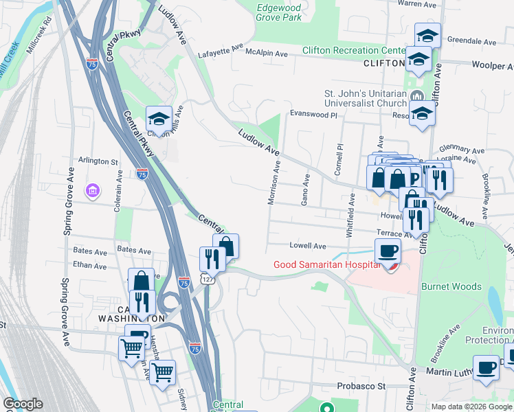 map of restaurants, bars, coffee shops, grocery stores, and more near 3301 Morrison Avenue in Cincinnati