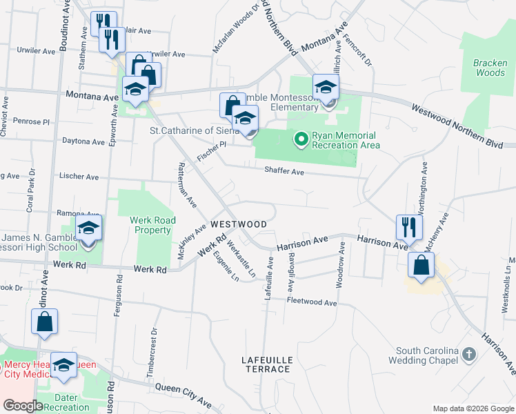 map of restaurants, bars, coffee shops, grocery stores, and more near 2747 Powell Drive in Cincinnati