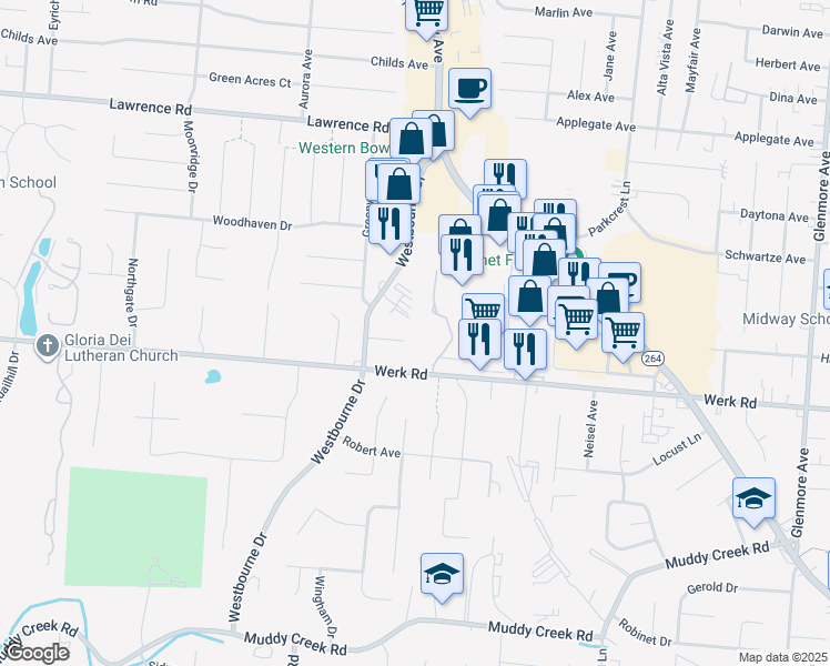 map of restaurants, bars, coffee shops, grocery stores, and more near 5350 Werk Road in Cincinnati
